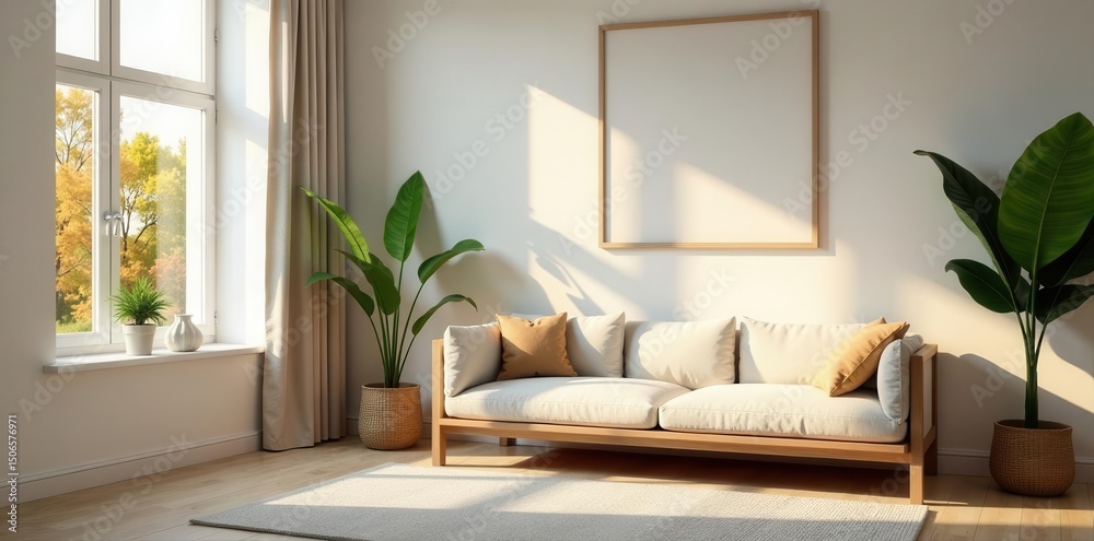 Fototapeta premium Sunlit guest room, comfy seating, mockup poster , design, armchairs