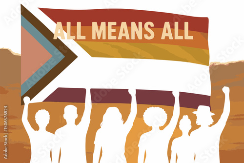 Diverse group of people holding up a banner that reads all means all promoting inclusion and equality