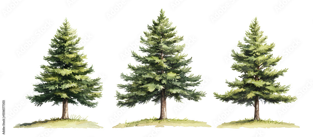 Obraz premium Watercolor illustration of three pine trees with green foliage isolated on transparent background
