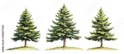 Watercolor illustration of three pine trees with green foliage isolated on transparent background