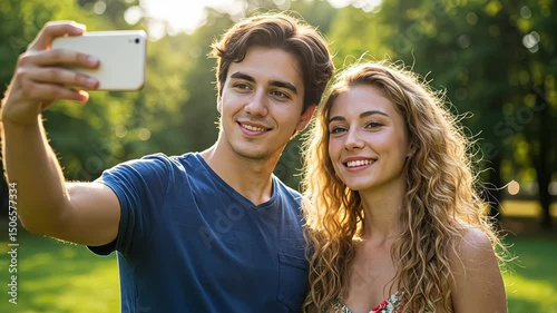 Young couple taking a selfie in a park on a sunny day