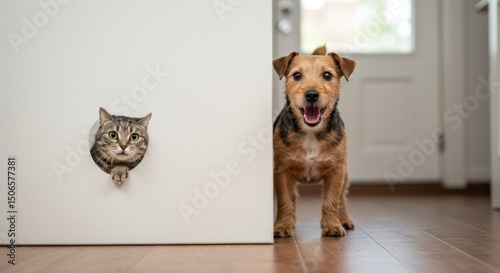 Playful Pets Peekaboo: A Cute Cat and Dog's Indoor Adventure