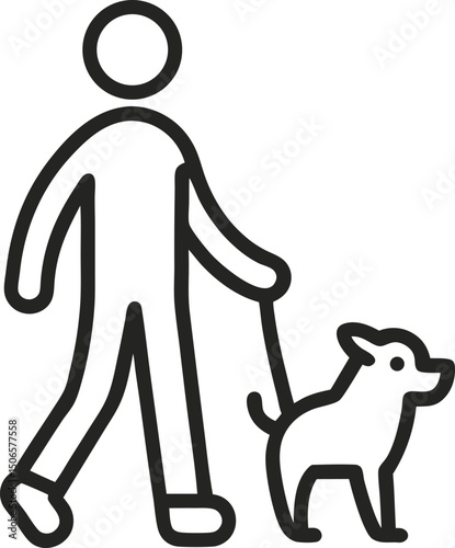 Simple line icon of a person walking a dog on a leash, editable stroke, minimal design, clean black lines on transparent background.

