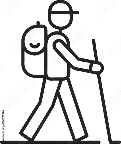 Outline icon of a hiker with a backpack and stick, flat vector style, editable stroke, white background.