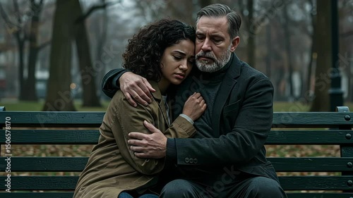 Comforting embrace between father and daughter on park bench