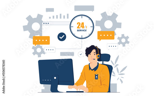  Male customer support, phone operator with headset working in call center concept illustration