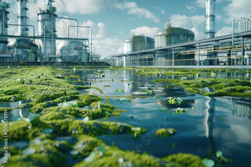 Vibrant Color Visual of Algae Farm with Biofuel Extraction Facilities in the Background photo