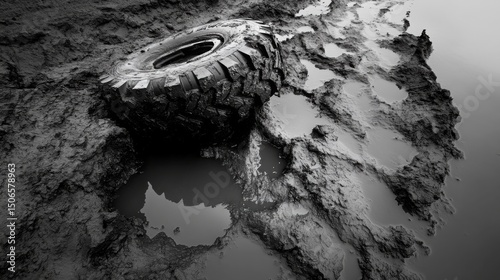 Extreme off-road tire imprints in wet soil with high contrast monochrome aesthetic

