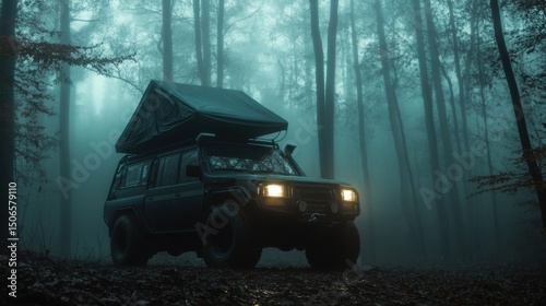 Overlanding truck with rooftop tent surrounded by thick forest fog, headlights glowing through dense mist—cinematic view blending wild camping, eerie mood, and powerful off-road presence
