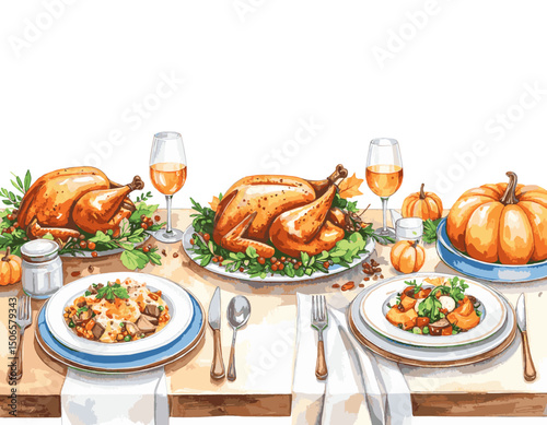 Thanksgiving Feast with Roast Turkey, Pumpkins, and Festive Side Dishes, Fall Dinner Illustration, watercolor illustration
