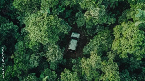 Extreme overlanding shot from above: miniature SUV with rooftop tent nearly hidden in vast jungle, colossal trees looming overhead—capturing the overwhelming immensity of wild nature and remote travel