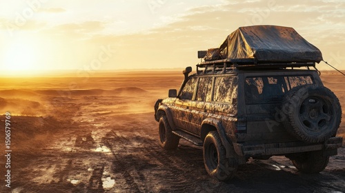 Dusty, mud-splattered overlanding rig with rooftop tent captured in hyperrealistic golden-hour light, resting on a deserted trail after a grueling journey through rugged terrain and extreme wilderness