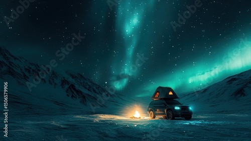 Hyperrealistic overlanding scene of a tiny SUV with rooftop tent parked alone in the Arctic tundra under vibrant northern lights, faint campfire glowing nearby—evoking breathtaking solitude and cold w photo