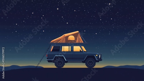 Hyperrealistic overlanding scene of a tiny SUV with rooftop tent parked in Arctic tundra under glowing northern lights, faint campfire nearby—evoking cold solitude and awe-inspiring wilderness adventu