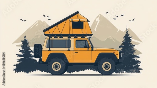 Minimalist vector illustration, rugged off-road vehicle with a rooftop tent, stylized in bold shapes and earthy tones, surrounded by mountain silhouettes, clean and modern adventure-themed design