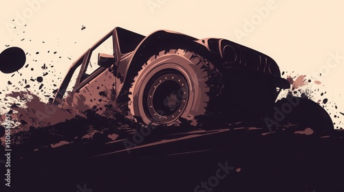 Minimalist vector illustration, stylized depiction of a large off-road tire crushing through mud, bold geometric lines, earthy brown and dark gray color palette, modern and rugged aesthetic