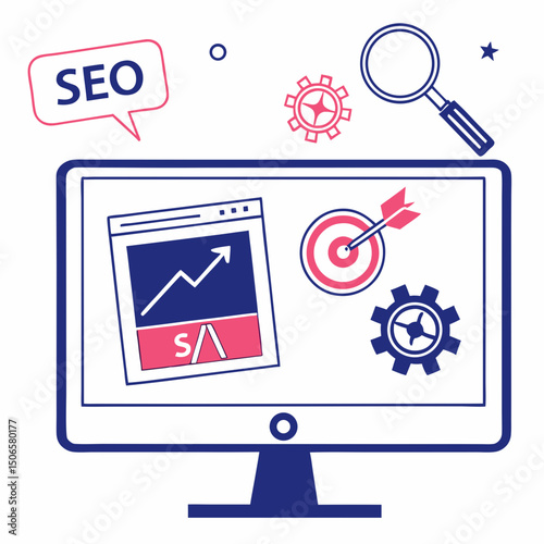computer monitor displays SEO strategies on the screen with magnifying glass, arrow board, and gear icons. Flat UI vector illustration