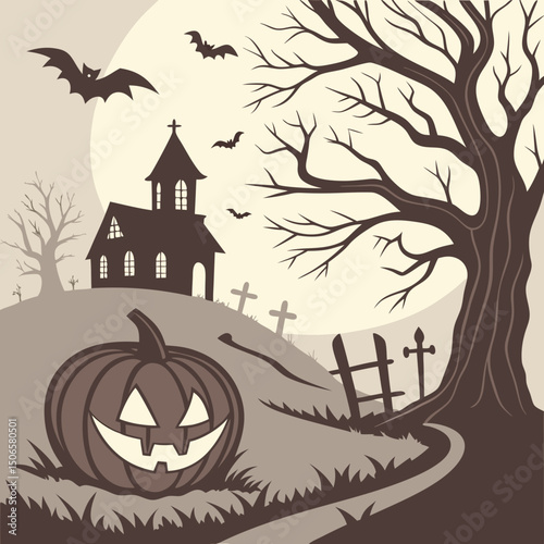 Glowing pumpkin - Spooky Halloween Night poster with haunted house, bats, graveyard, and scary tree