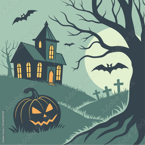 Glowing pumpkin - Spooky Halloween Night poster with haunted house, bats, graveyard, and scary tree