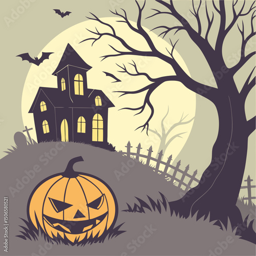 Glowing pumpkin - Spooky Halloween Night poster with haunted house, bats, graveyard, and scary tree