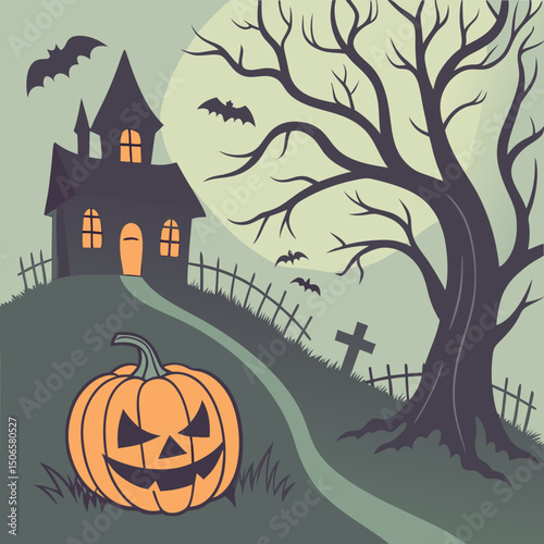 Glowing pumpkin - Spooky Halloween Night poster with haunted house, bats, graveyard, and scary tree