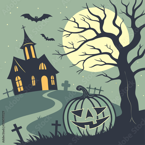Glowing pumpkin - Spooky Halloween Night poster with haunted house, bats, graveyard, and scary tree