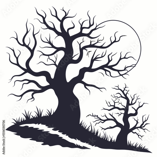 Set of Spooky Halloween trees vector silhouette. Scary halloween tree