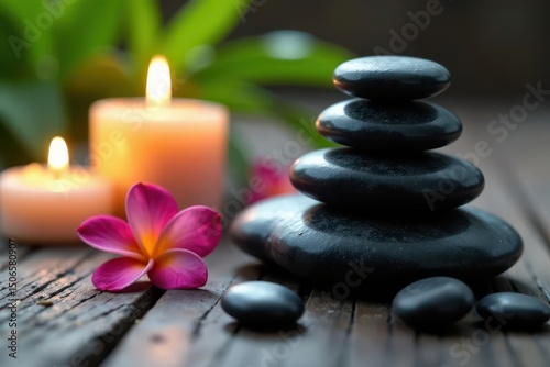 Close-up of massage stones & flowers near candles , indulgence, calm