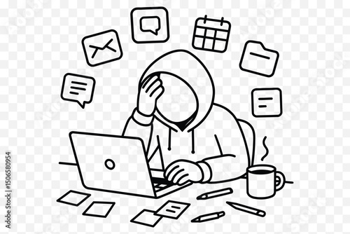  Overwhelmed Freelancer with Digital Notifications – Stress Comic Doodle Illustration