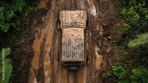 Top-down view of an overlanding vehicle resting on rugged terrain, coated in dried and wet mud, with deep tire tracks leading into dense forest—capturing the raw aftermath of extreme off-road travel
 photo
