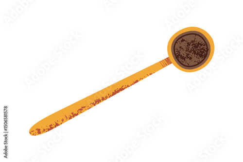 Flat cartoon icon, gold plated metal coffee spoon with long handle, filled with ground coffee. Vector illustration with textured details for kitchen, cafe, and coffee themed designs, colored clipart