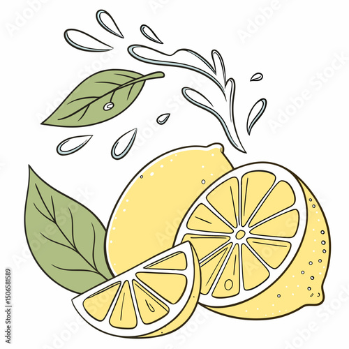 Lemon with half slices and green leaves, water splashing on it floating in the air, isolated on transparent background, Fresh ripe lemon organic fruits See Less