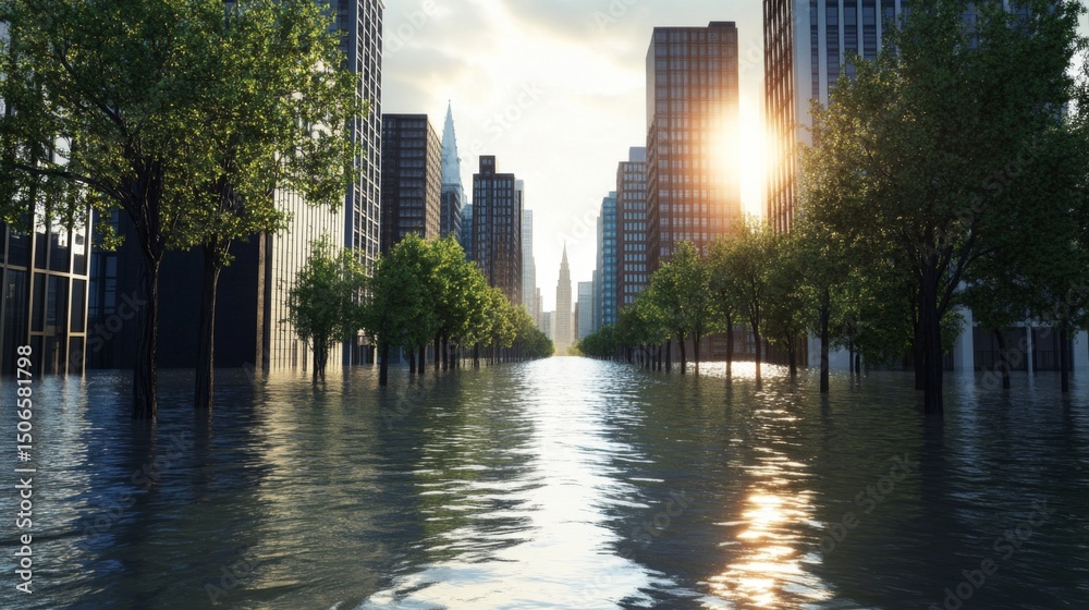 Fototapeta premium A rising tide overtaking a coastal citys waterfront, with water flooding the streets, symbolizing the increasing threat of rising sea levels due to global warming