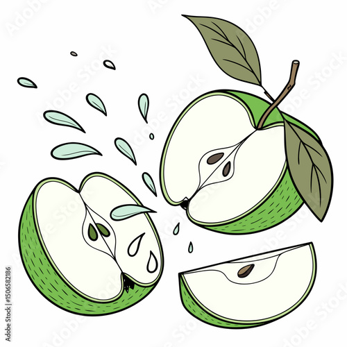Green apple with half slices and green leaves, water splashing on it, floating in the air, isolated on transparent background, Fresh organic fruits