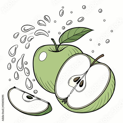 Green apple with half slices and green leaves, water splashing on it, floating in the air, isolated on transparent background, Fresh organic fruits