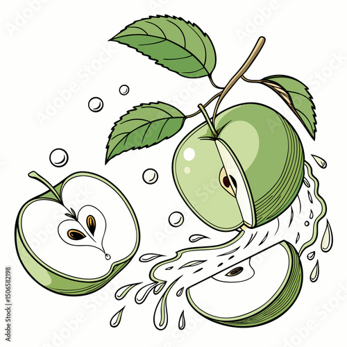 Green apple with half slices and green leaves, water splashing on it, floating in the air, isolated on transparent background, Fresh organic fruits
