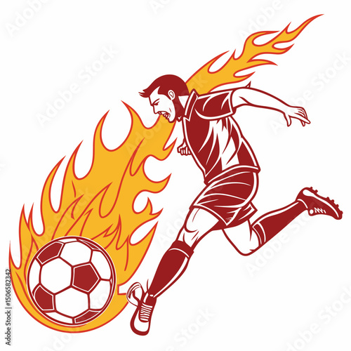 Intense Soccer Player with Red Dynamic Football in Flames, isolated on transparent background