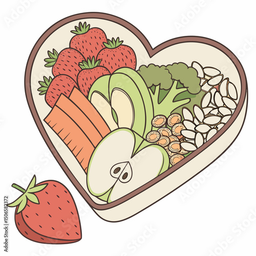 Heart-Shaped Bowl filled with Fresh Fruits, Vegetables, and Whole Grains - Organic and Nutritious Healthy Diet Foods