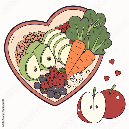 Heart-Shaped Bowl filled with Fresh Fruits, Vegetables, and Whole Grains - Organic and Nutritious Healthy Diet Foods