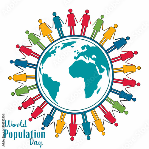 Over Population vector illustration with globe, earth and group of colorful diverse people - World Population Day
