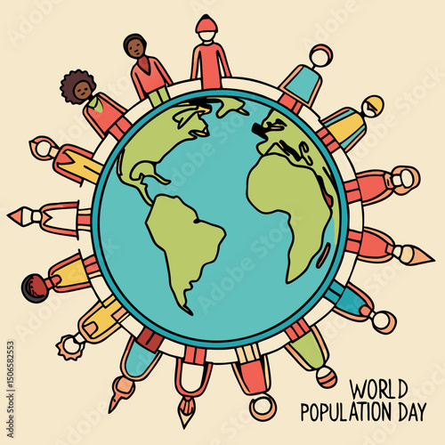 Over Population vector illustration with globe, earth and group of colorful diverse people - World Population Day