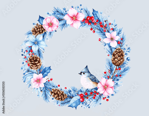 Winter Wreath with Bluebird, Pine Cones, and Red Berries, Festive Holiday Decoration, watercolor illustration