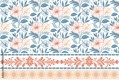 seamless cotton border idea, fashion floral wrapping sketch, one line rose print texture, modern textile design pattern, hand drawn fabric

