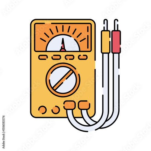 Multimeter Flat design style, analog measuring tool with cables, used for measuring voltage and resistance, ideal for electrical engineering visuals and power system designs.
