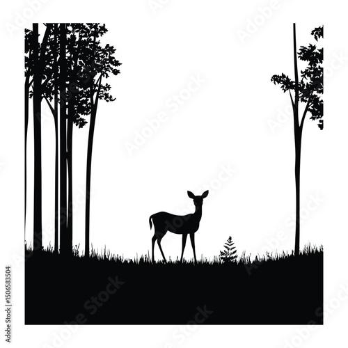 A deer standing in a forest is a black-and-white silhouette vector designed for T-shirts, mugs, posters, and digital prints. Fully scalable and market-ready