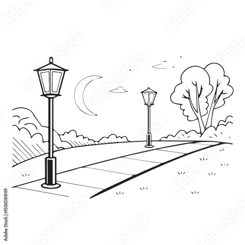 Coloring page Old-fashioned street lamp post design in a snowy city street, vector illustration of black iron lantern lighting the urban road at dusk