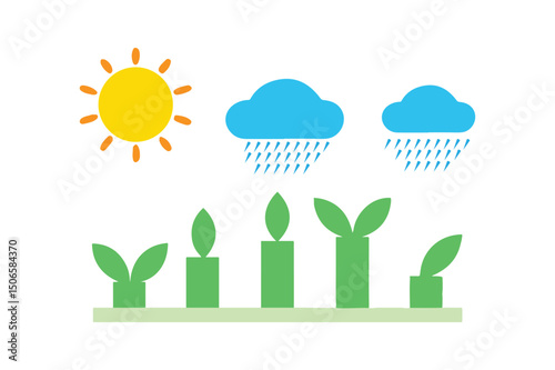 Growing plant rains, sun, little plants Fantasy Landscape, Fairytale Adventure, Vector Art 