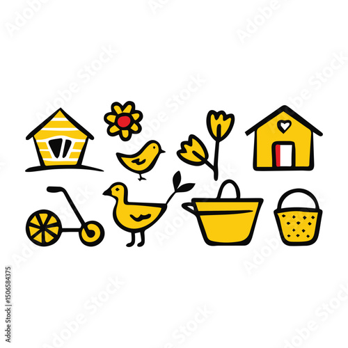 Garden Scene Vector Illustration icon symbols Barn, Wheelbarrow, Flowers, and Farm Elements, Isolated on White Background.