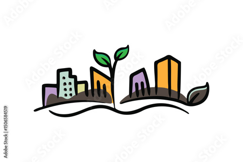 Minimalist Doodle art Green City Vector Sustainable Urban Landscape with Integrated Nature, Isolated on White Background.