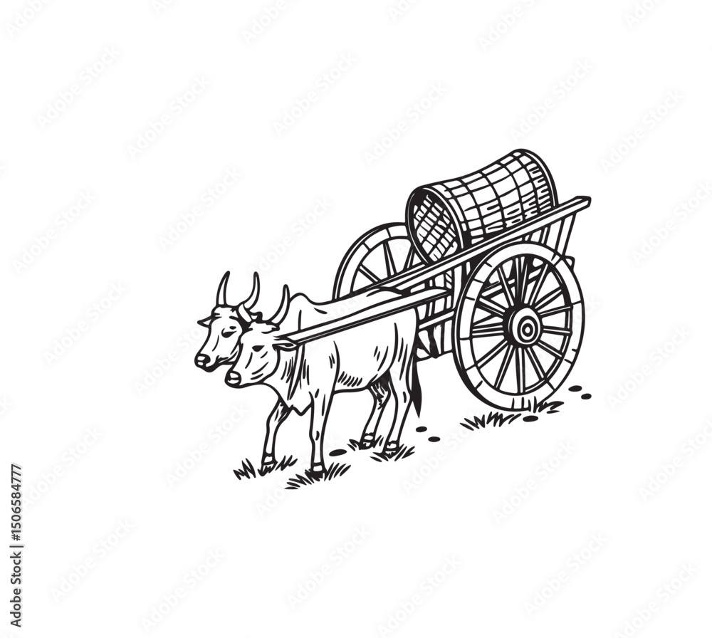 Fototapeta premium Silhouette of a Traditional Indian Bullock Cart Vector Hand Drawn Sketch with Oxen, Rustic Folk Art Style, Isolated on White Background. Vector illustration of a vintage Cow-drawn carriage